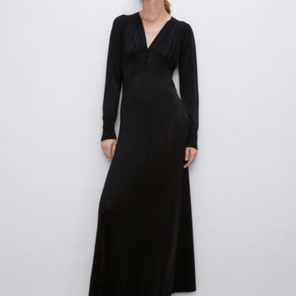 ZARA KNIT DRESS WITH BUTTONS BLACK  (S)